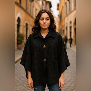 ITALICISE - Black Leopard on black Button Front CAPE / Poncho / Shawl. One Size